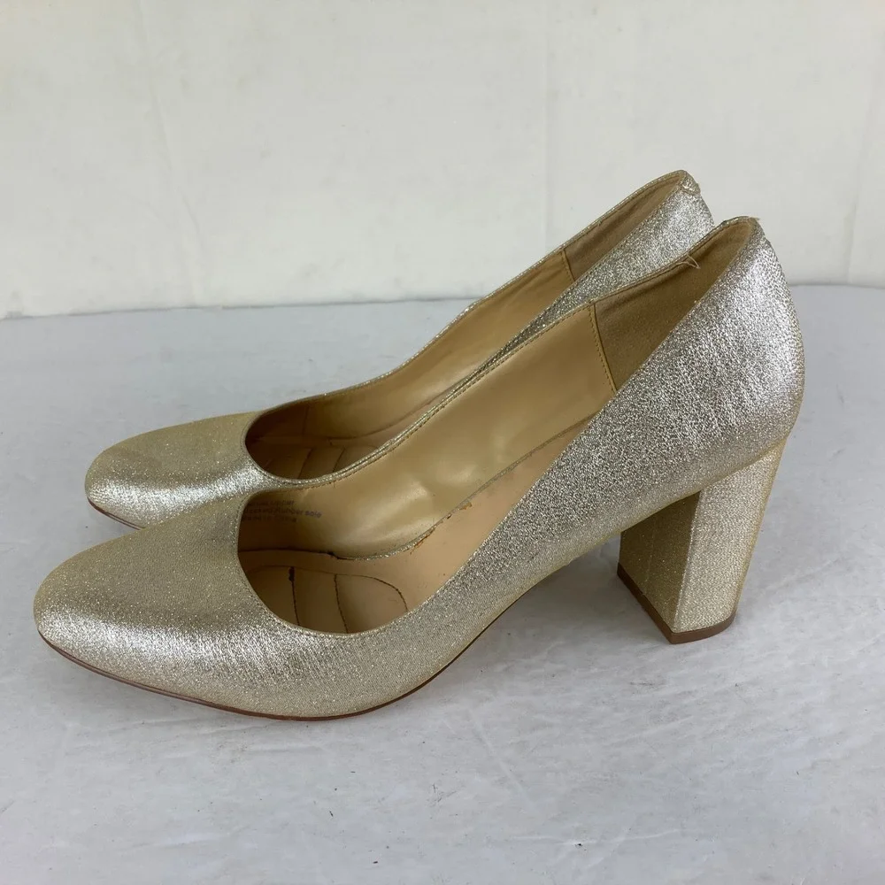 American‎ Glamour Badgley Mischka Pumps Womens 10 Gold Metallic Block Heel